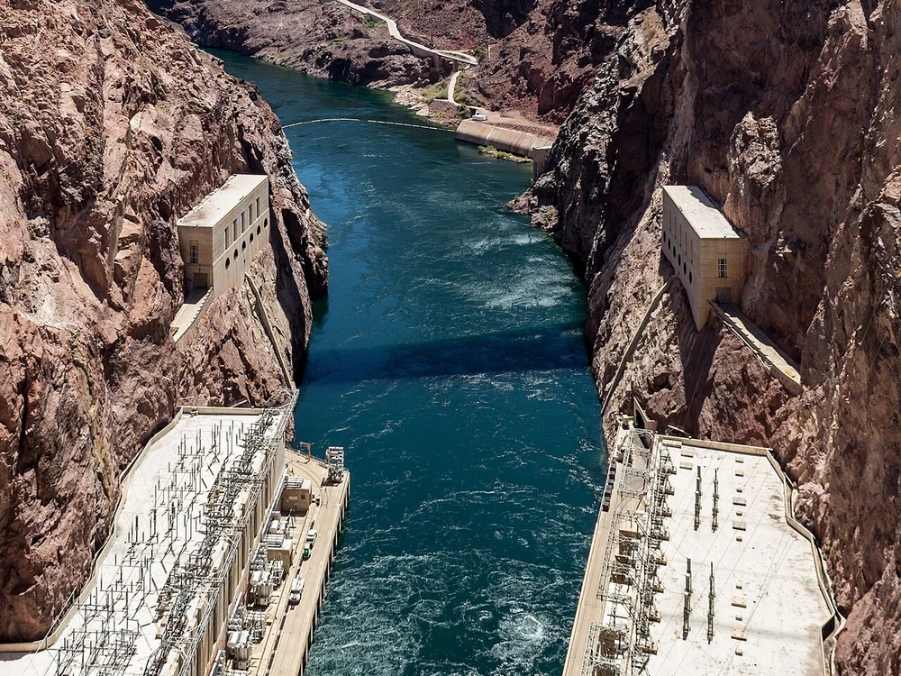 Looking straight down 726 feet from the dam crest to the Colorado River