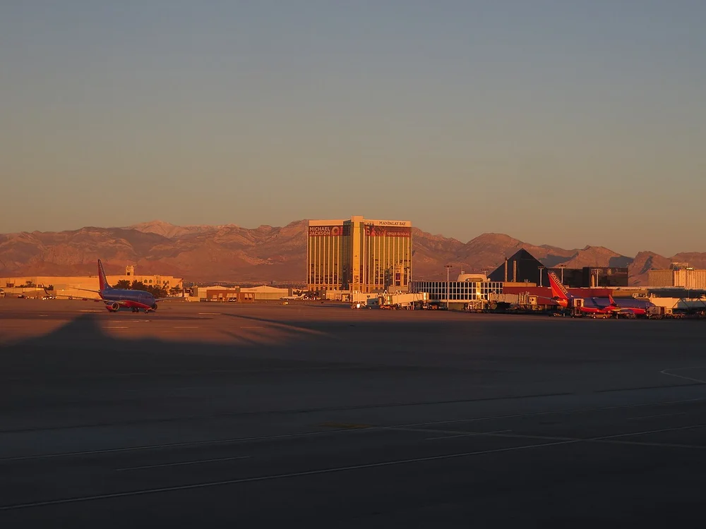 11-acre Mandalay Bay Beach complex and wave pool viewed from south tower